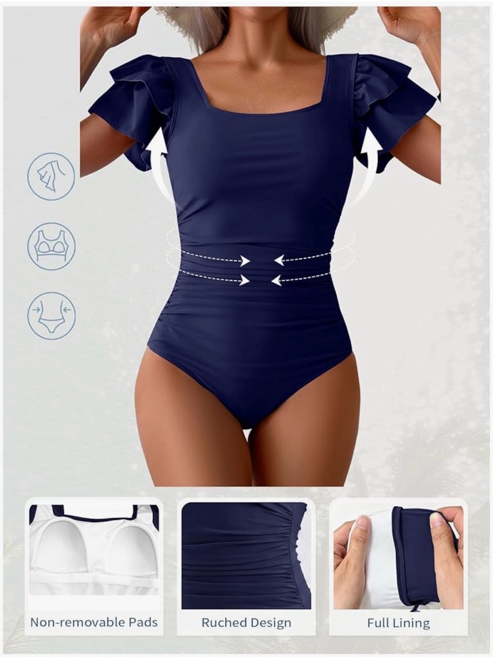 NWOT EoMenie Navy Ruffle One-Piece Ruched Swimsuit - Picture 3 of 12
